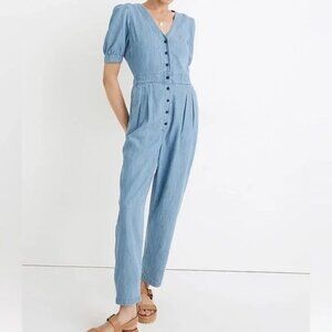 Madewell | Denim Puff-Sleeve Button-Front Jumpsuit size 0